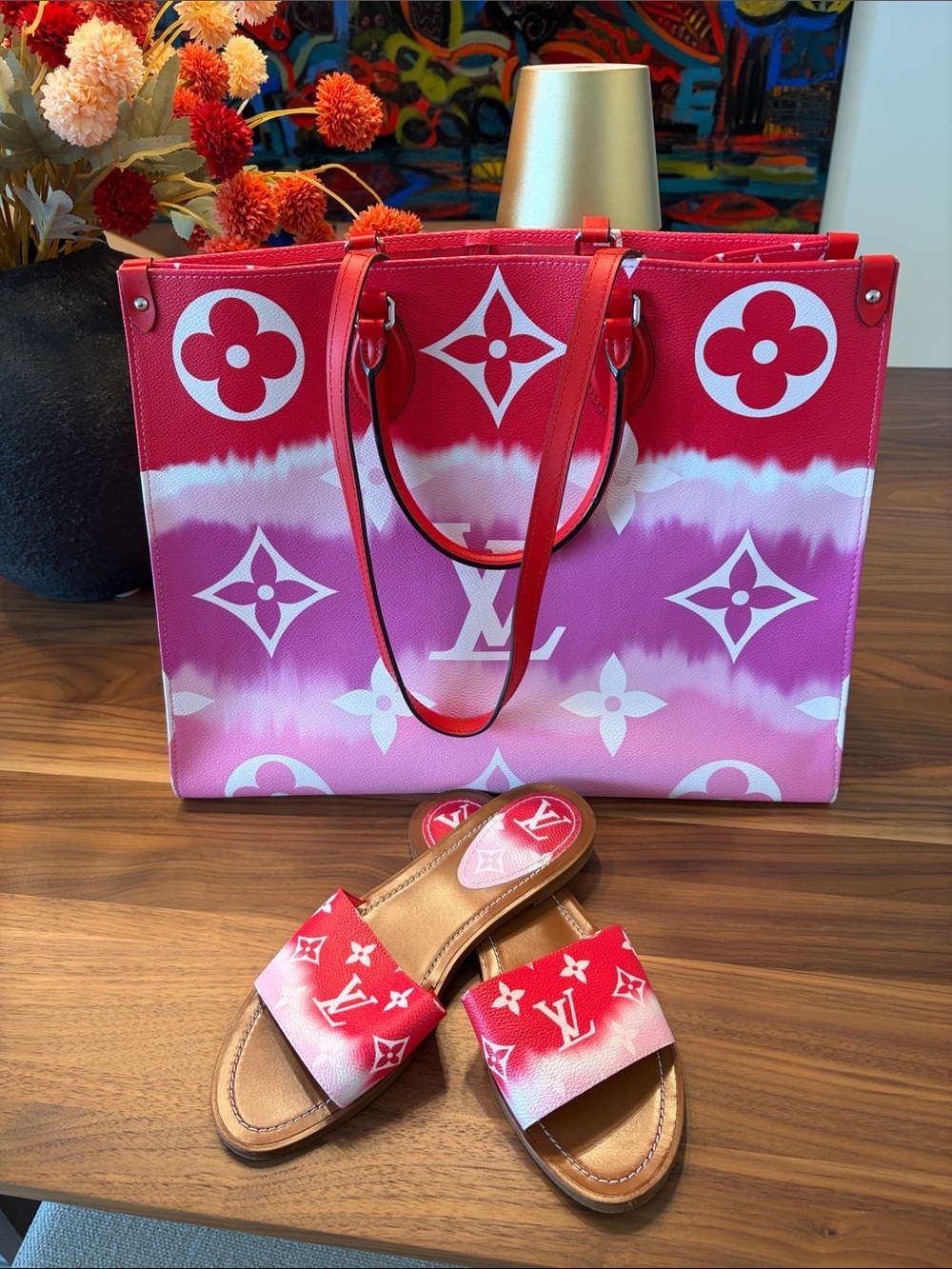 Louis Vuitton Pink Red Dip-Dye Monogram Tote with Matching Slides